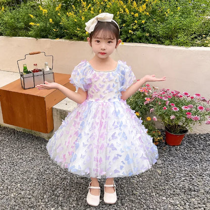 Kids Girl Elegant Butterfly Design Colorful  Birthday Party Dress