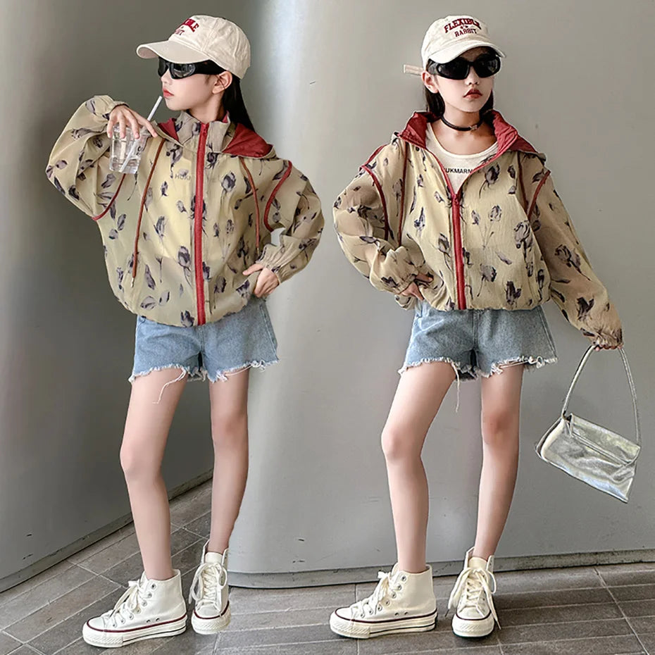 Young Girls Floral Pattern Hooded Jacket for All Season childrensterritory