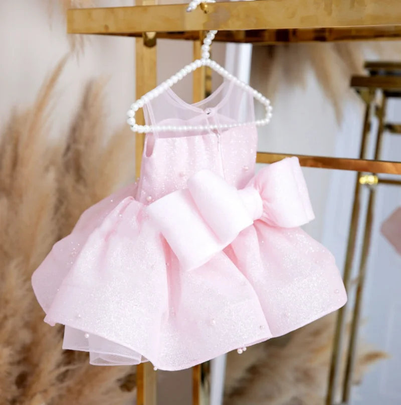 Baby/Kid Girls Light Pink Sparkly First Birthday Dress With Pearls childrensterritory