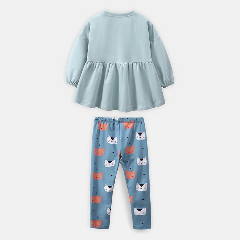 Kids Girls Lovely Cartoon Cat Print T-Shirts + Pants Clothing Sets childrensterritory
