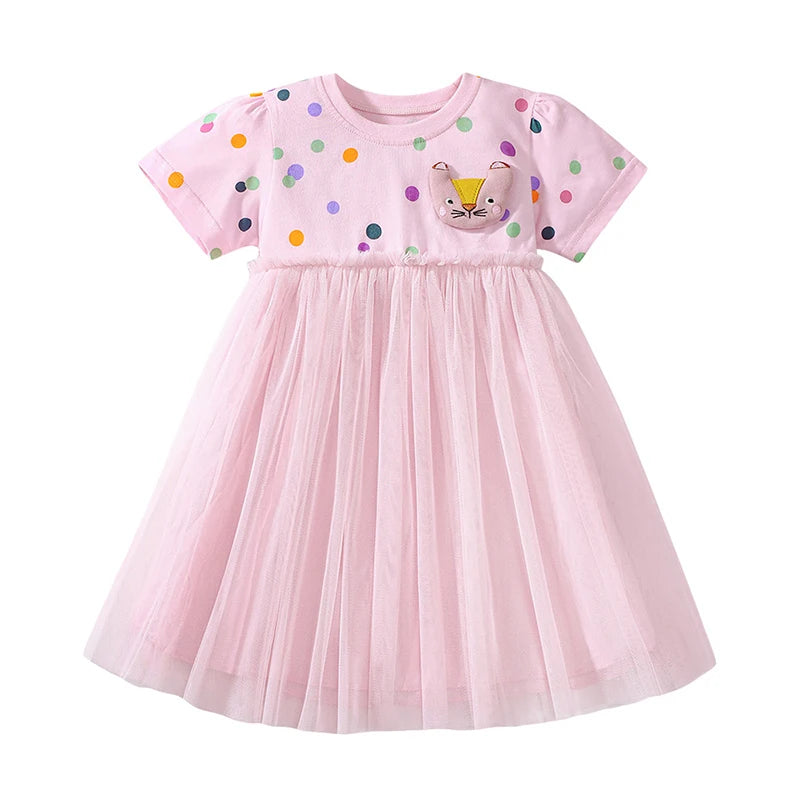 Kids Girls Cartoon Cat Embroidered Pink Summer Dress childrensterritory