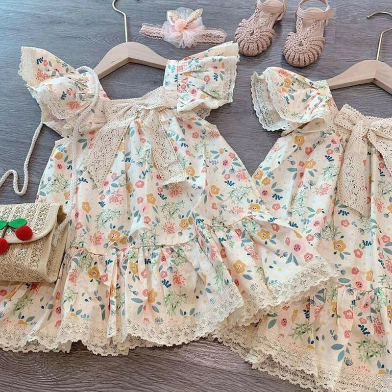 Kids Girls Floral Print Lace Patchwork Summer Princess Dress