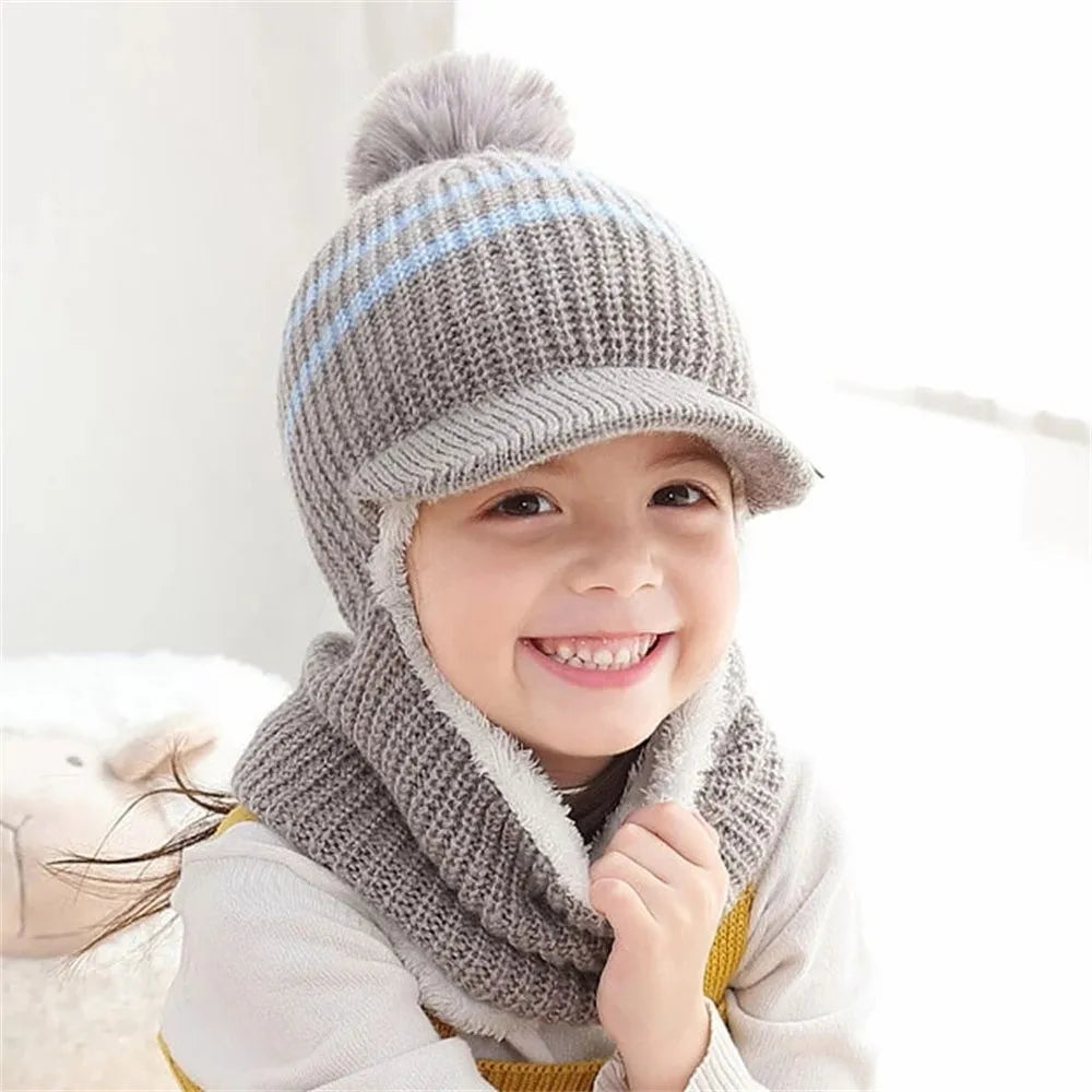 Kids Warm Knitted Plus Fleece Beanie with Face Cover childrensterritory