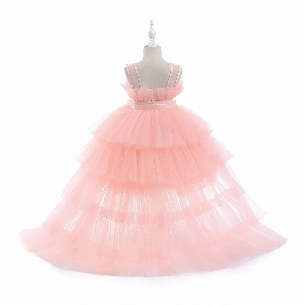 Kids Girls Formal Puffy Princess Wedding Birthday Dress with Trail
