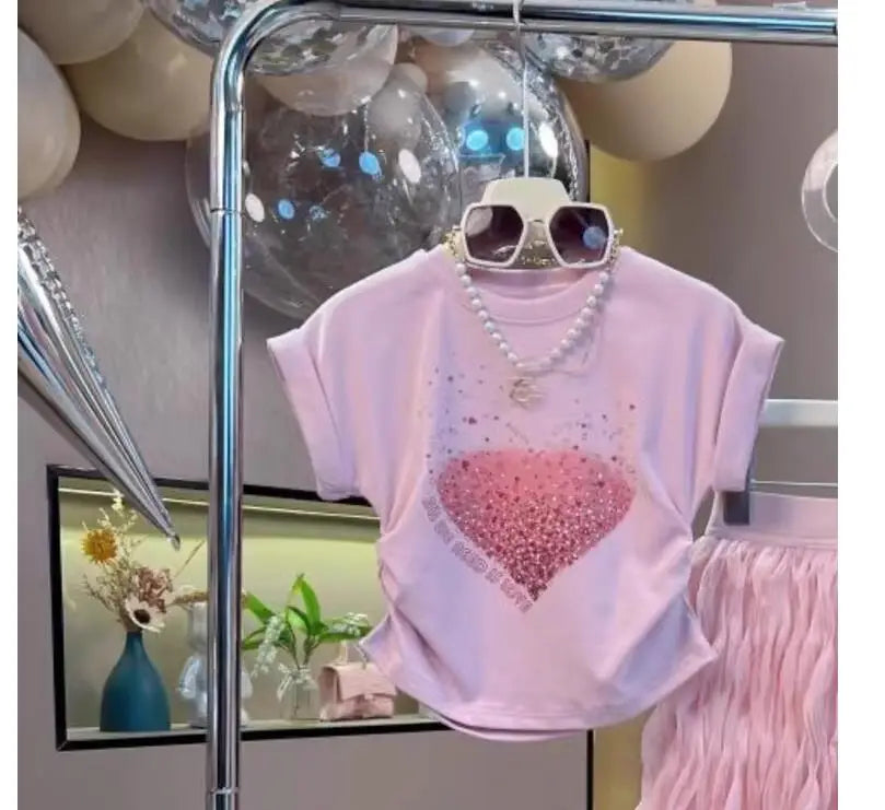 Kids Girls Floral Wrap-Hip Dress with a Heart Sequin T-shirt childrensterritory