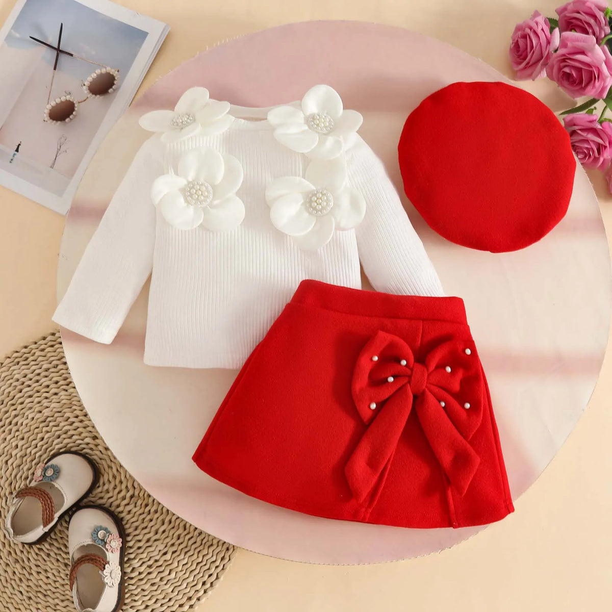 Baby Girls 3Pcs Cute Top+Bow Skirt+Beret Fashion Outfit