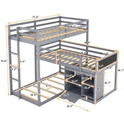 L-shaped Wooden Triple Bunk Bed With a Ladder and Storage Cabinet childrensterritory