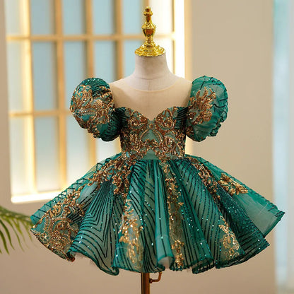 Girls Luxury Green Gold Birthday/Evening/ Party Dress
