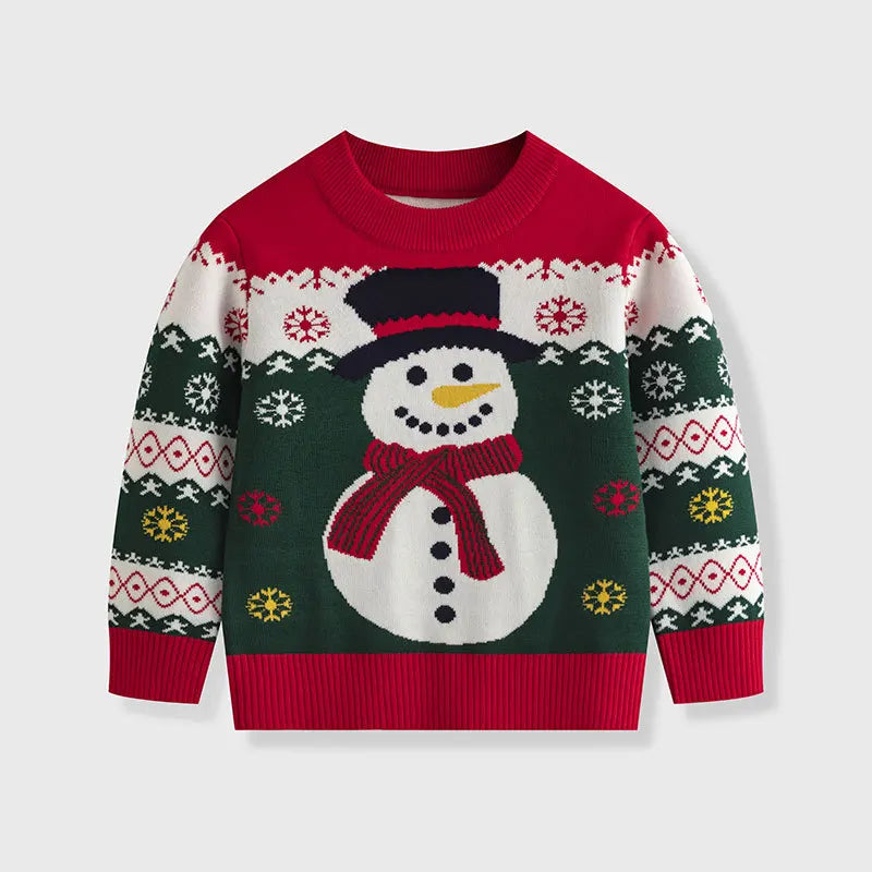 Kids Cartoon Christmas Snowman Round Neck Warm Sweater childrensterritory