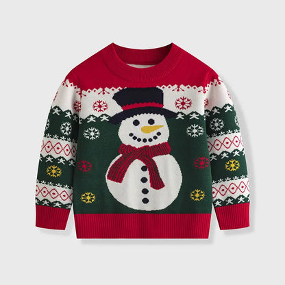 Kids Cartoon Christmas Snowman Round Neck Warm Sweater childrensterritory