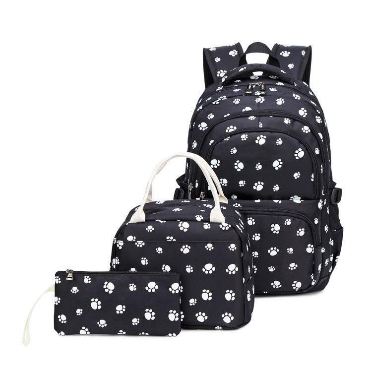 Paw-Printed 3-Piece Cute Waterproof Student Bag Set for Girls childrensterritory