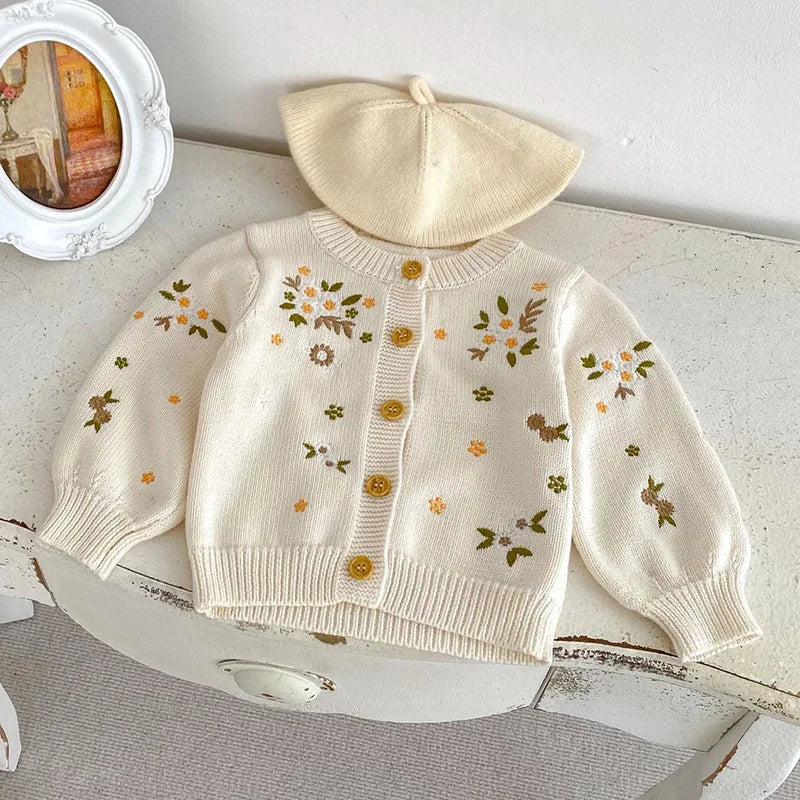 Flower Embroidery Knitted Baby Girls Cardigan