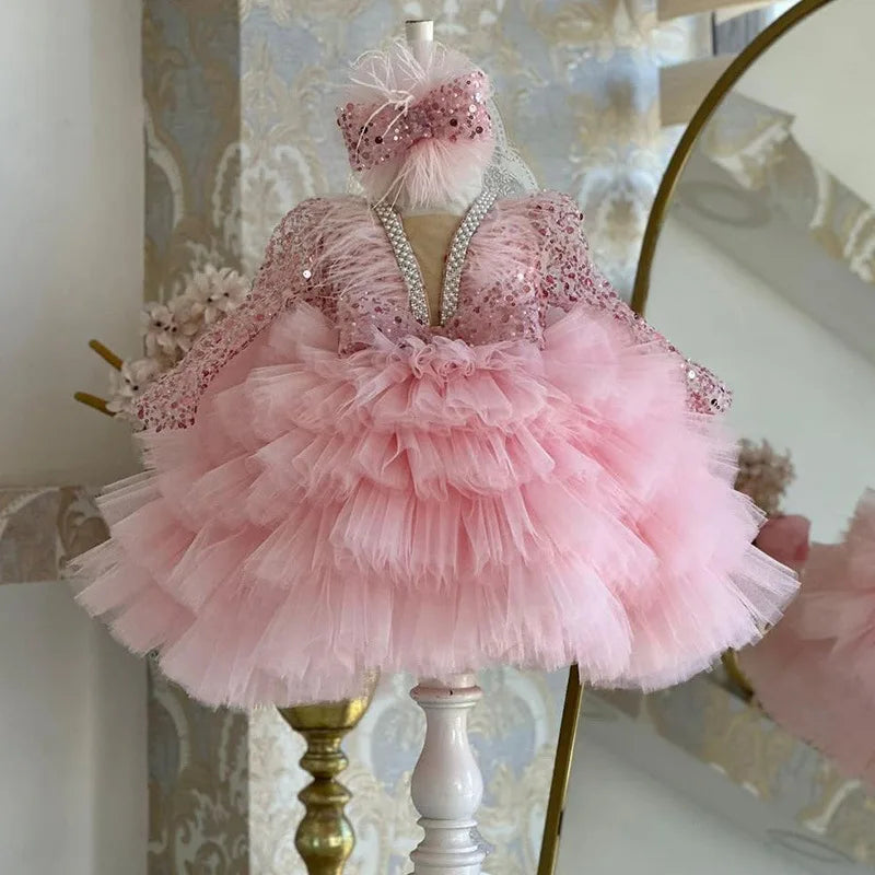 Gorgeous V-neck Sequin Design Little Girls Mesh Cake Dress