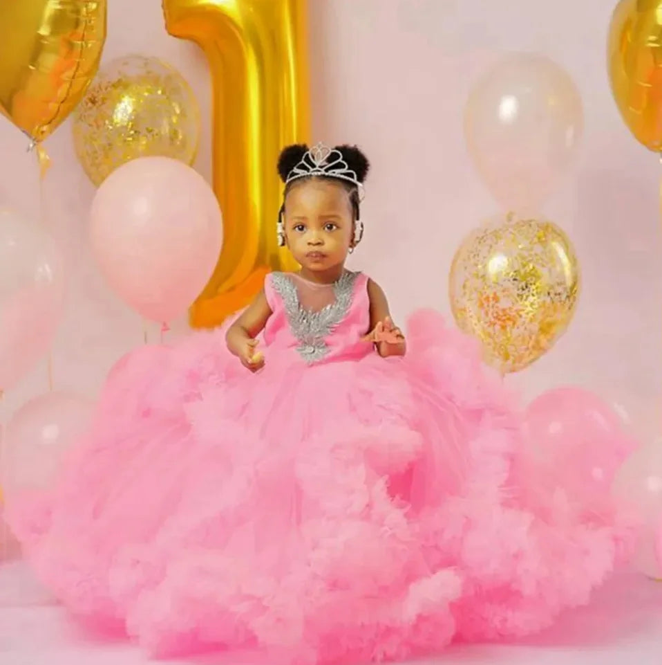 Fluffy, Floor-Length, Layered Pink Princess Ball Gown for Girls childrensterritory