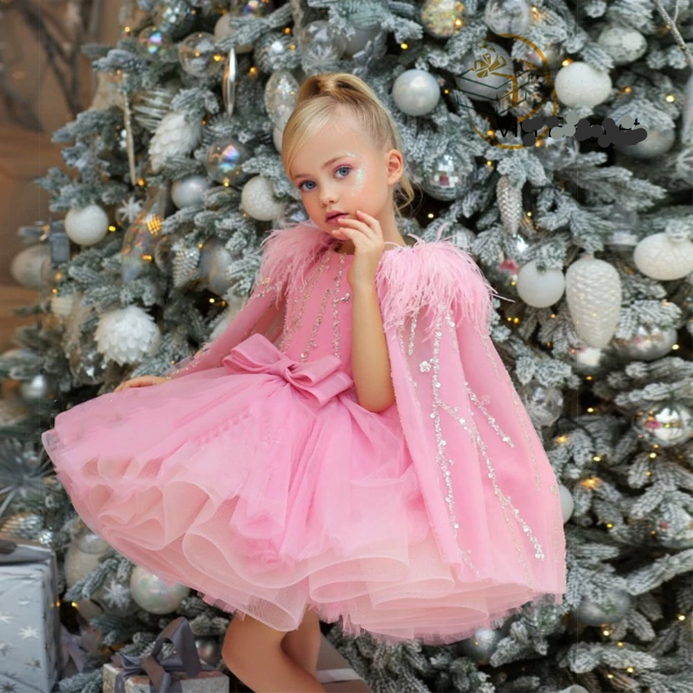 Kids Girls Beading Sequin Ball Gown/Party Dresses with Feather Cape