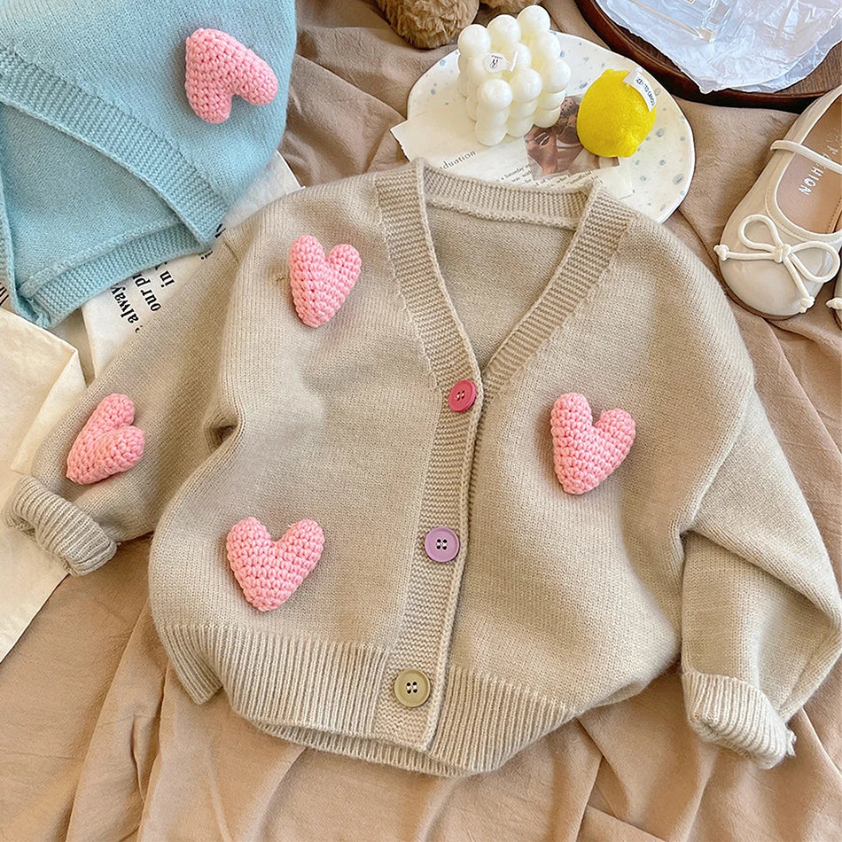 Girls’ Long-Sleeved Soft Winter Sweater with Heart Design