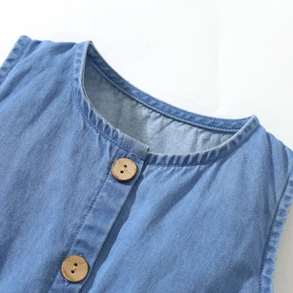 Kids Girls Sleeveless Unicorn Appliques Denim Party Dress childrensterritory