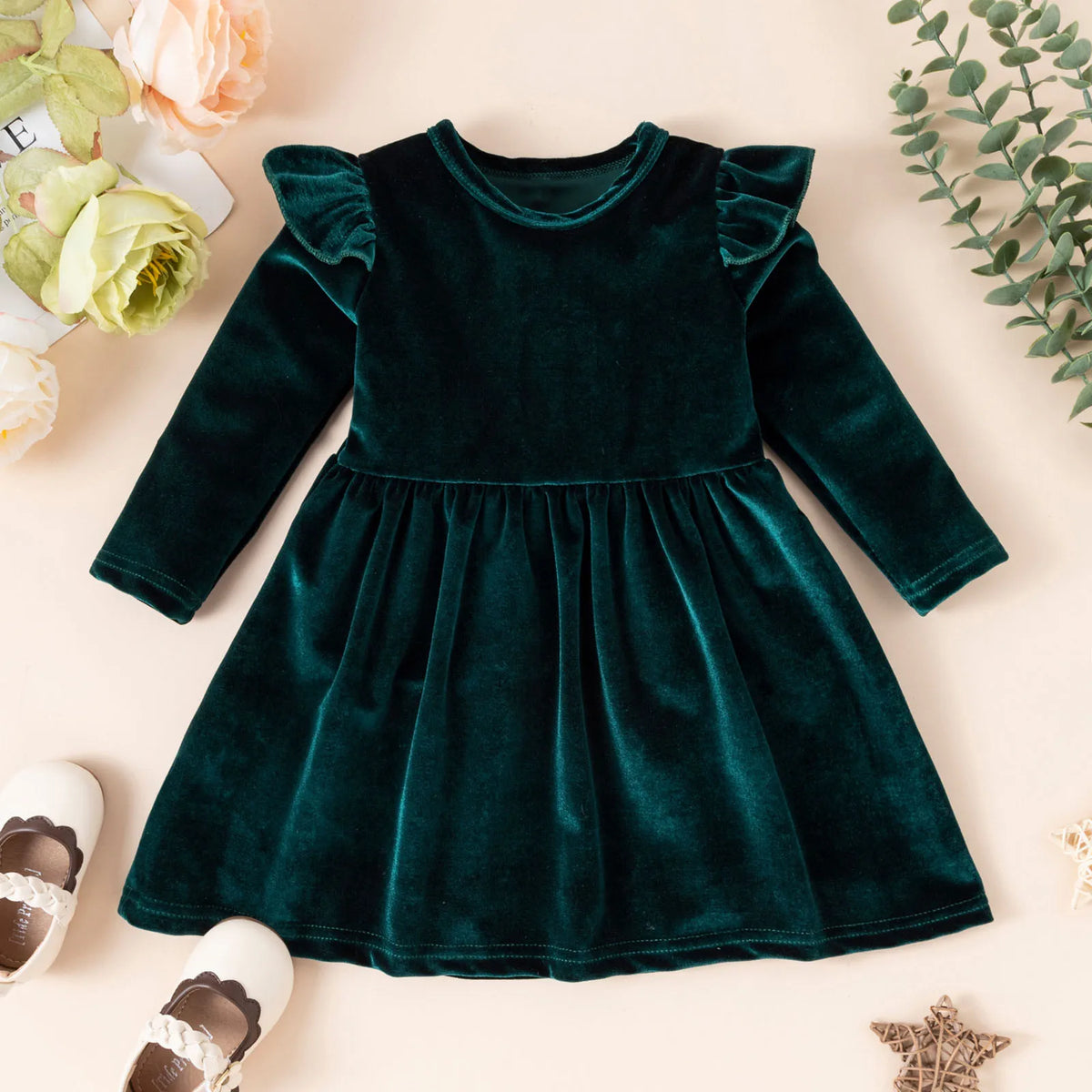 Girls’ Cozy Solid Color Long-Sleeve Winter Dresses childrensterritory