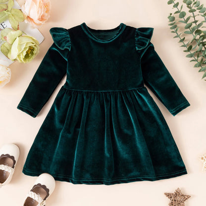 Girls’ Cozy Solid Color Long-Sleeve Winter Dresses childrensterritory
