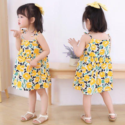 Floral Print Kids Girls Sleeveless Cotton Dresses childrensterritory