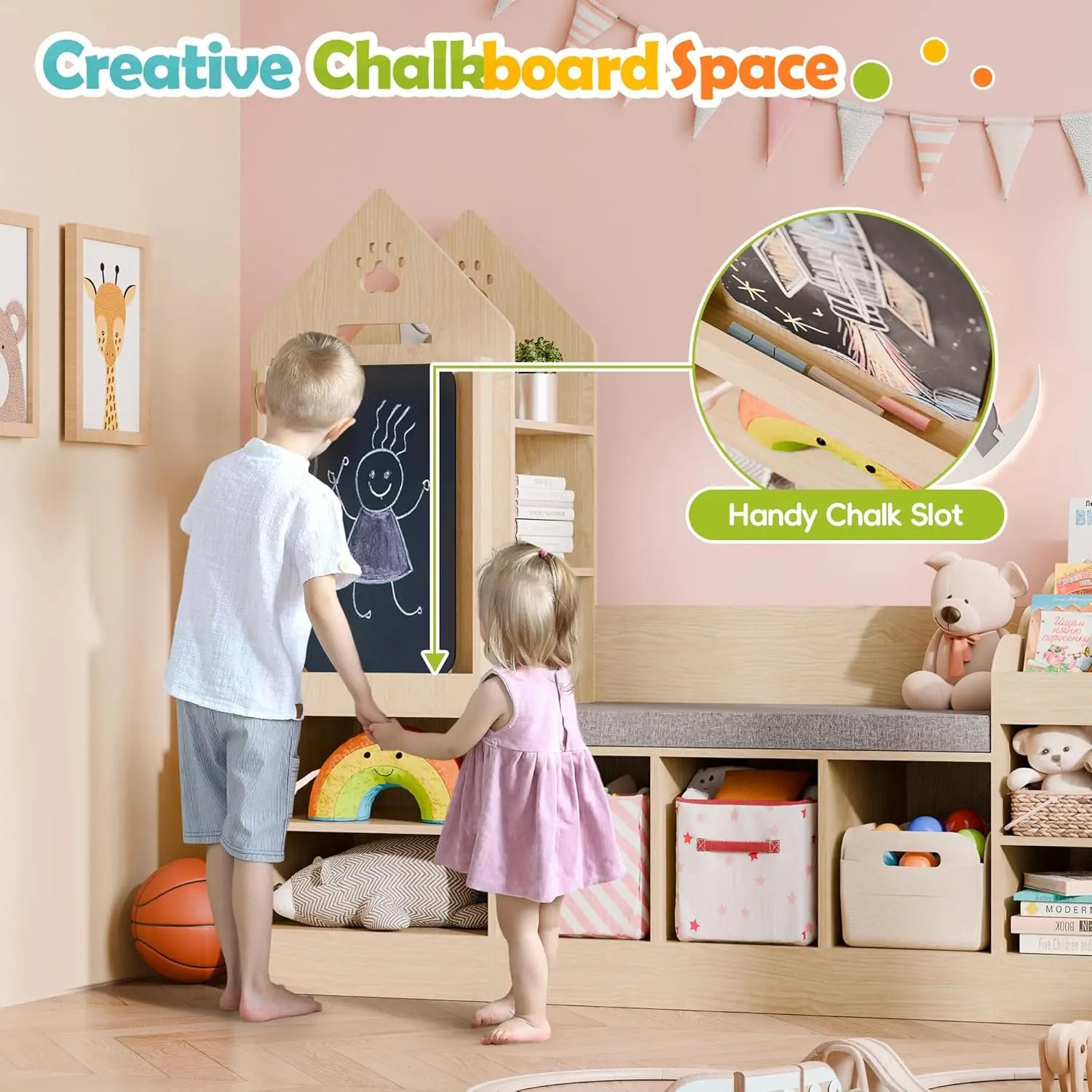 Kids Wooden Bookshelf with Chalkboard and Bench