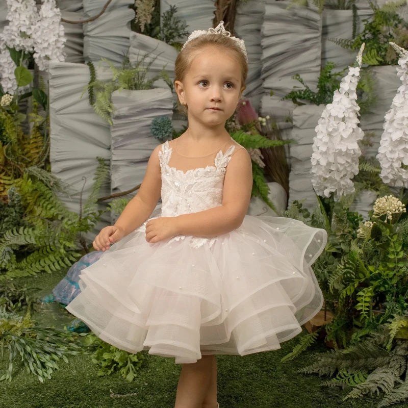 Glitter Decoration Sheer Neck Design Ivory Puffy Little Girls Dresses
