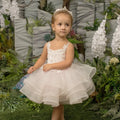 Glitter Decoration Sheer Neck Design Ivory Puffy Little Girls Dresses