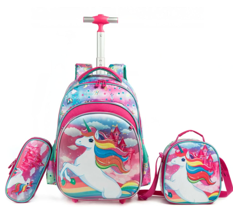 3D-printed Sequins Kids Wheeled Backpack 3 Piece Set childrensterritory