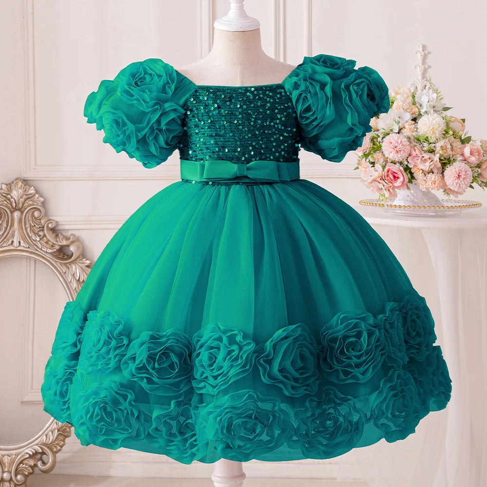 Flower Lace Design Sequins Ball Gown Party Dresses For Girls childrensterritory