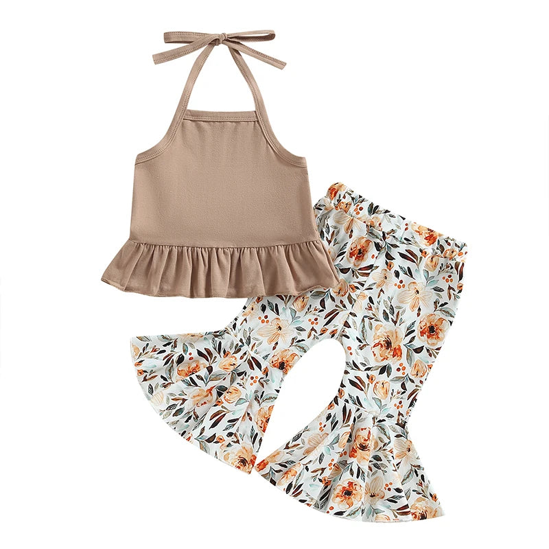 Toddler Girl Top with Printed Flare Pant Outfit