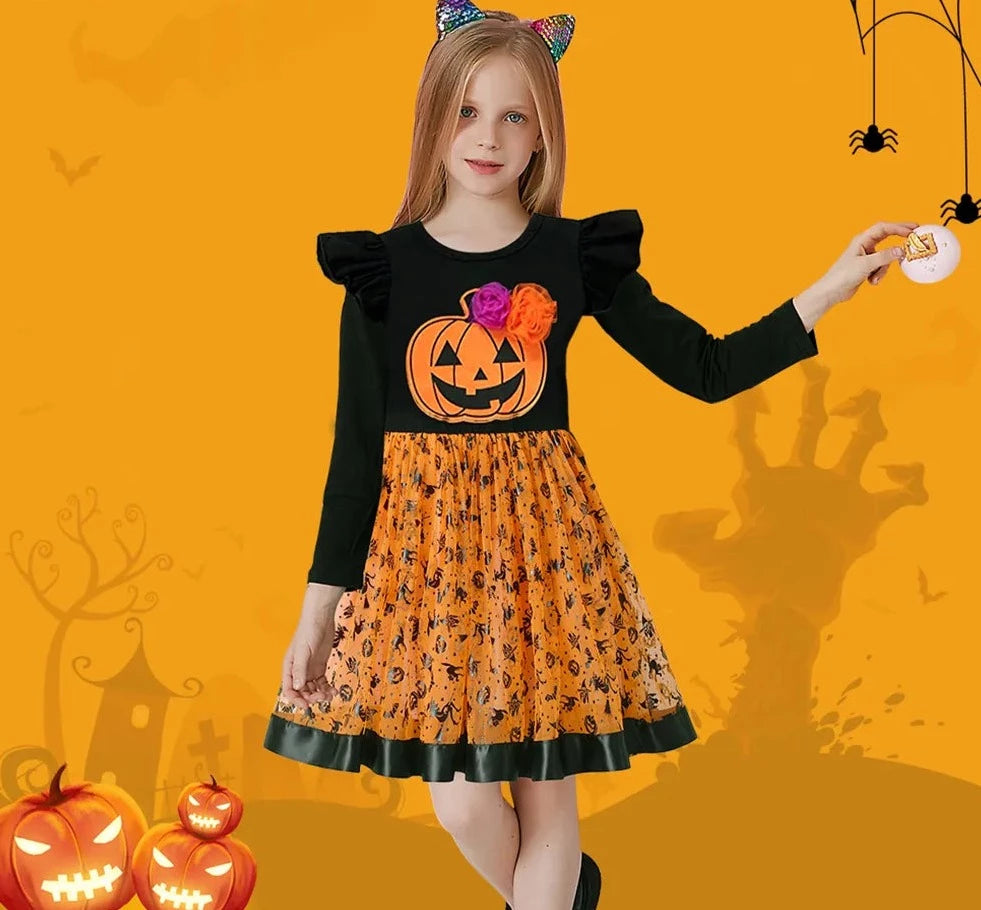 Kid Girls Pumpkin Spider Print Tutu Princess Dresses childrensterritory