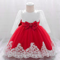 Girls' Long-Sleeved Flower Lace Bow Design Party Dresses childrensterritory
