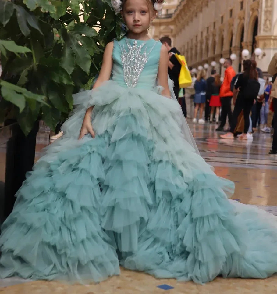 Stylish Beads Decorated Tiered Tulle Long Ball Gown for Girls