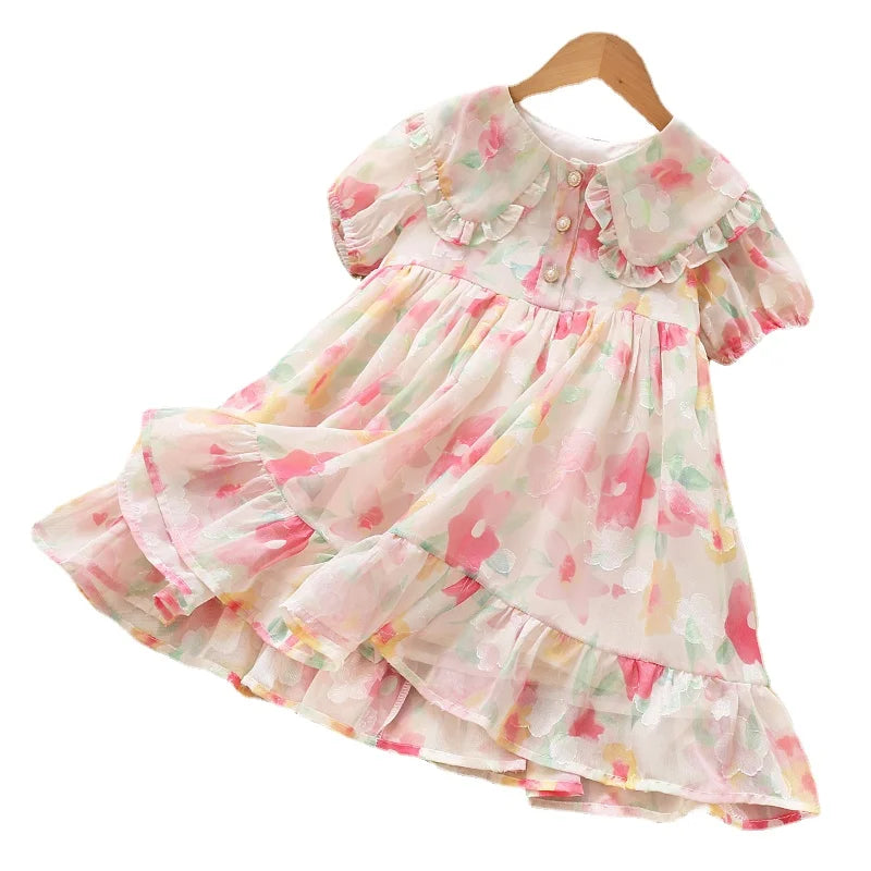 Kids Girl Floral Print Short Sleeve Summer Party Dress