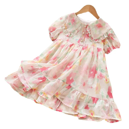 Kids Girl Floral Print Short Sleeve Summer Party Dress
