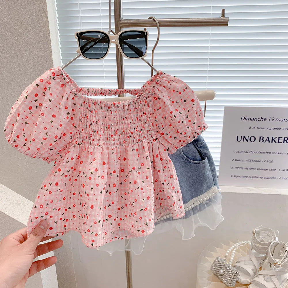 Korean Style Square Collar Little Girls Floral Pleated Tops childrensterritory