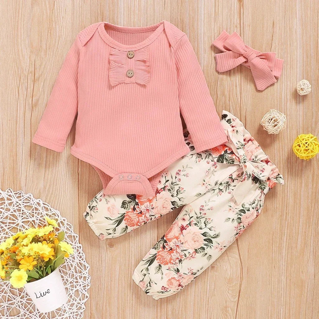 3Pcs Newborn Girl Bodysuit, Bow, Floral Pants Clothing Set childrensterritory