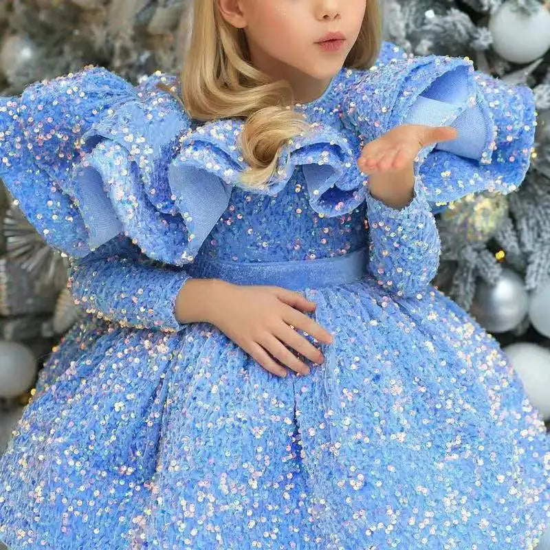Kids Girls Glitter Sequin Puffy Birthday Party Dresses