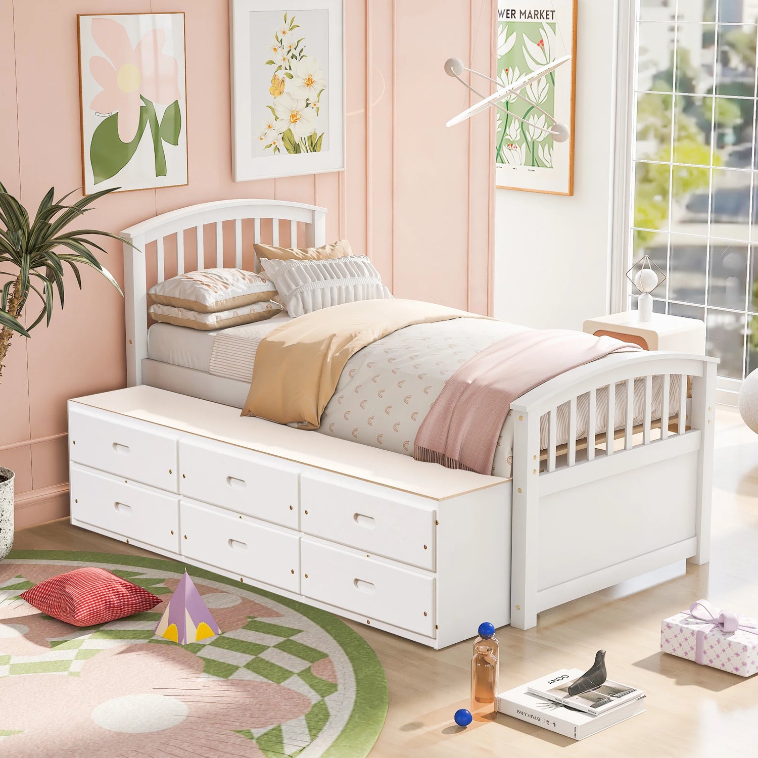 A Twin-Sized Wooden Platform Bed with Six Drawers for Storage childrensterritory