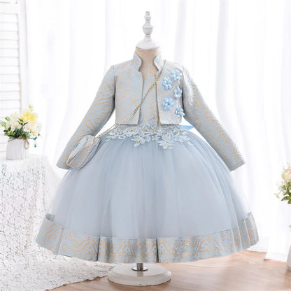 Kids Girls 3pcs/set Jacquard Pattern 3D Appliques Birthday Dresses