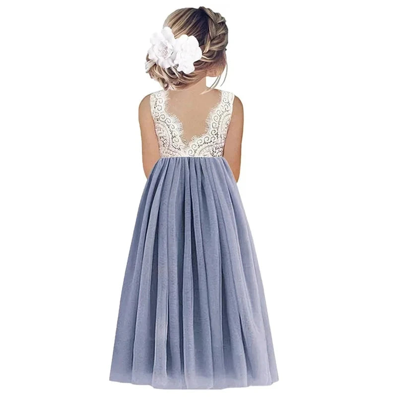 Kids Girls Flower Lace Design Princess Party Dresses for Summer childrensterritory
