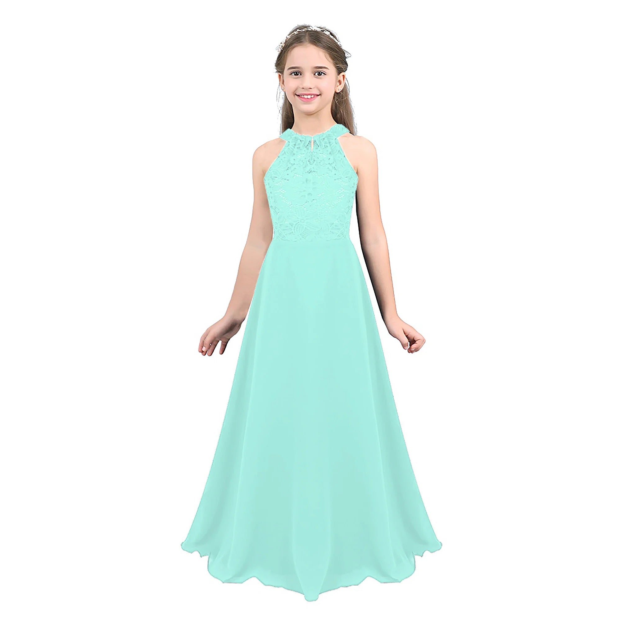 Kids Girls Halter Lace Design Chiffon Long Prom Ball Gowns