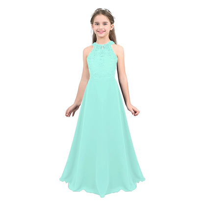 Kids Girls Halter Lace Design Chiffon Long Prom Ball Gowns childrensterritory