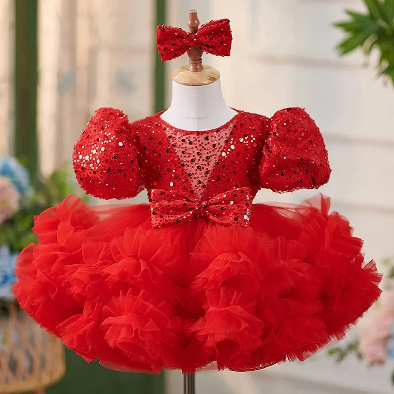 Organza Fluffy Red Sequined Baby/Kids Girl Dress for Photoshoot