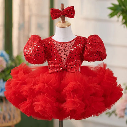 Organza Fluffy Red Sequined Baby/Kids Girl Dress for Photoshoot