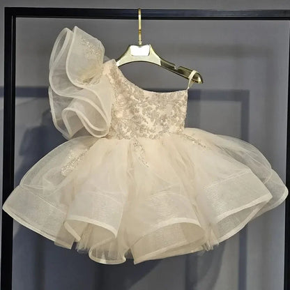 Little Girl Off Shoulder Floral Sequins Tulle Princess Party Dress