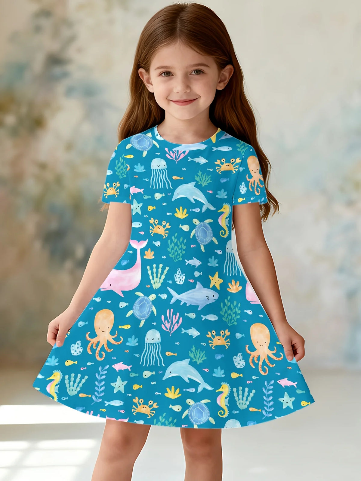 Kids Sea World Print Short Sleeve Dress for Girls