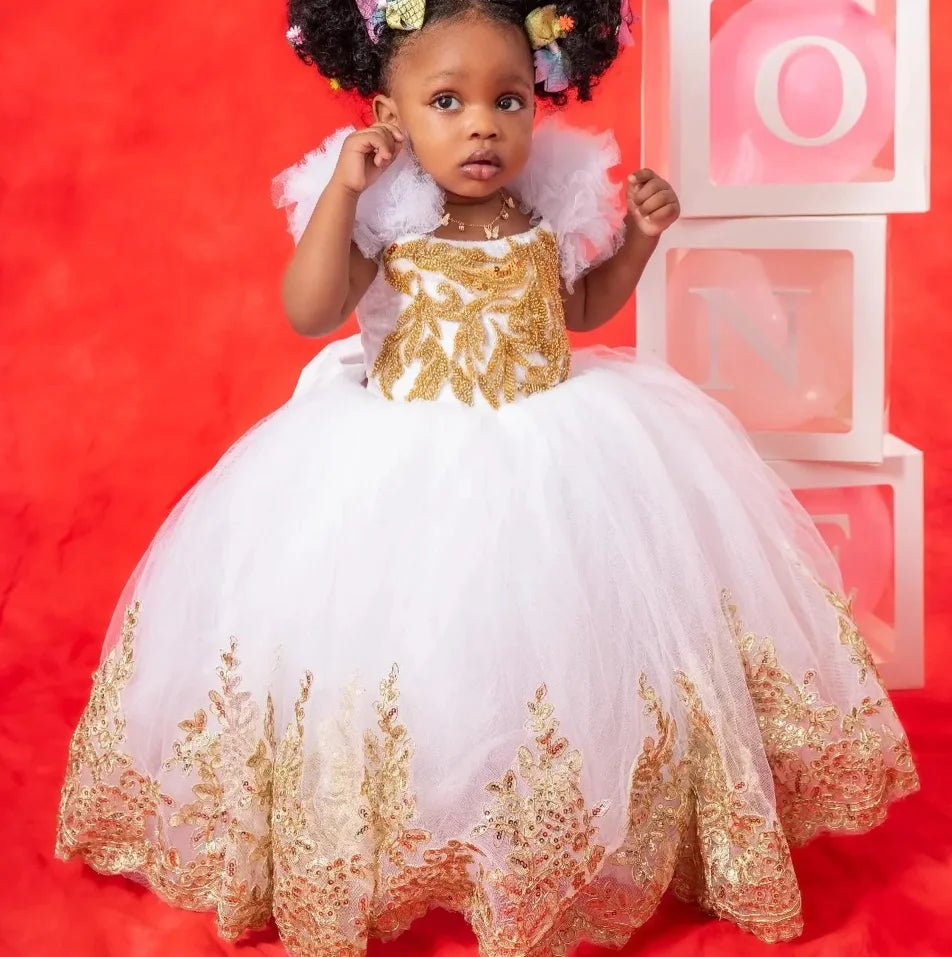 Girls' Gold Appliqued White Princess Dress For Birthday