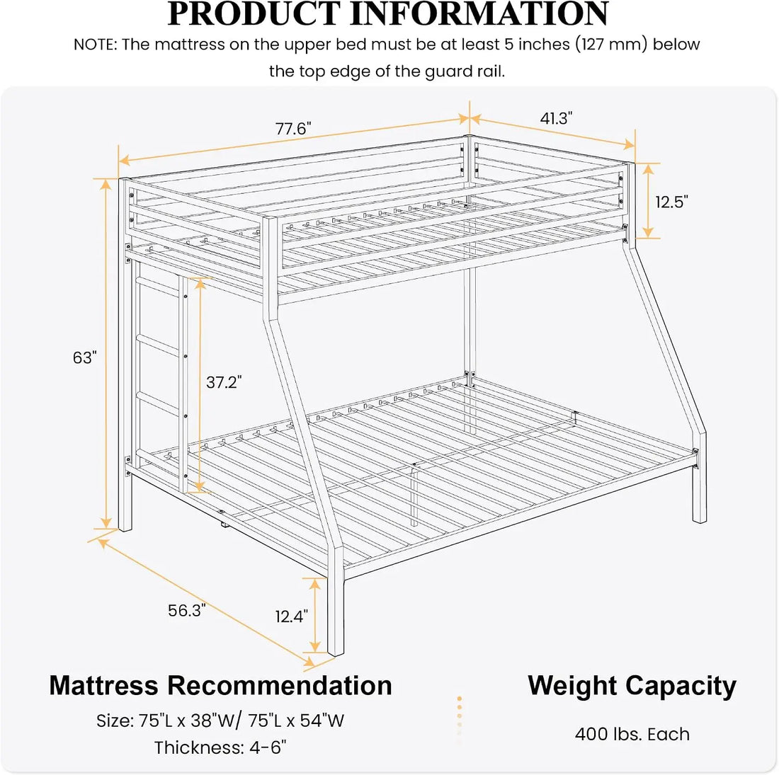 Twin Over Full-Size Beds with Sturdy Guard Rail