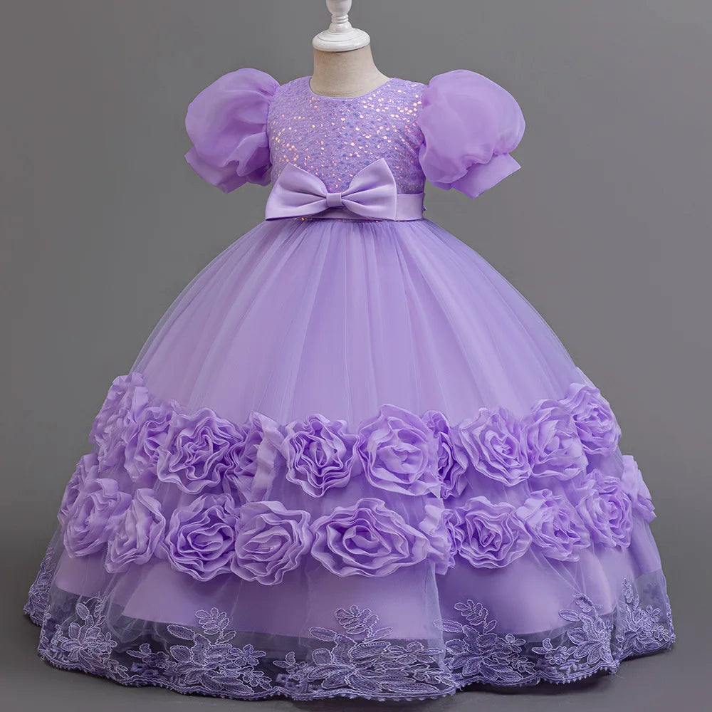 Flower Appliqués and Sequin Design Girls Long Party Dresses childrensterritory